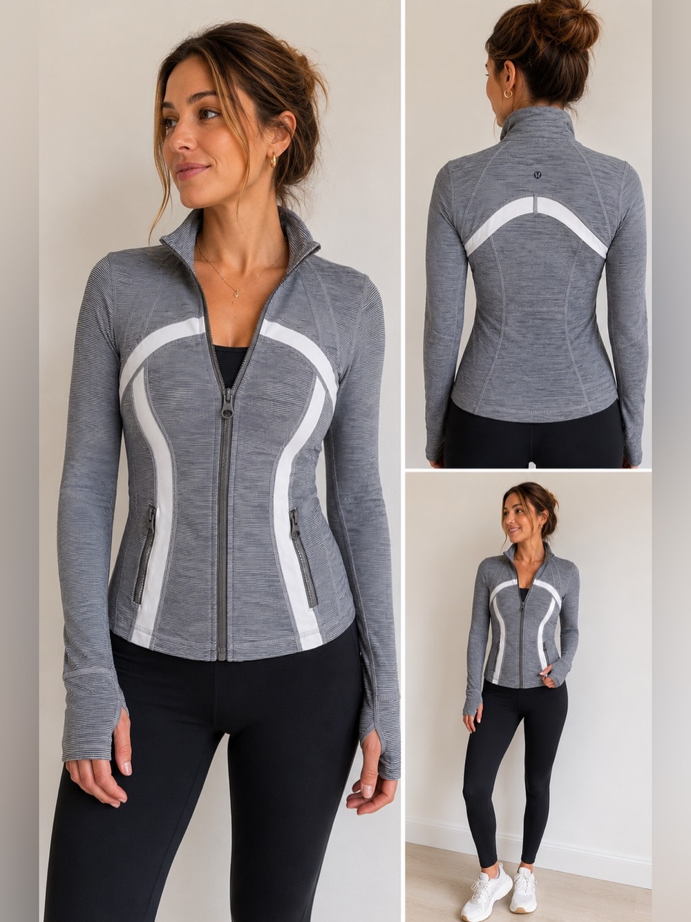 Lululemon Define Jacket Gray White Striped Thumbhole Zip Up Jacket